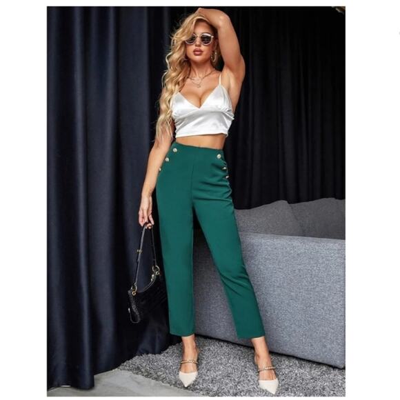 Zara Green High Rise Tapered Trouser Pants w Gold Button Accent Detail Size XS - Picture 2 of 14